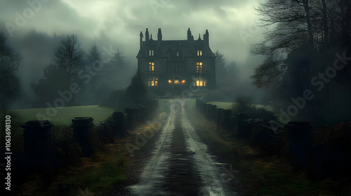 Mysterious Mansion in Foggy...