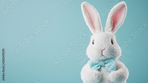 Weißes Kuscheltier - Osterhase sitzt vor Pastellblauem Hintergrund, freier Platz für Text  photo