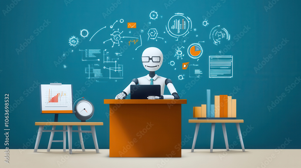 humanoid figure working at desk with charts and graphs in background, showcasing innovative ideas and technology. scene conveys sense of productivity and creativity humanoid figure working at desk with charts and graphs in background, showcasing innovative ideas and technology. scene conveys sense of productivity and creativity