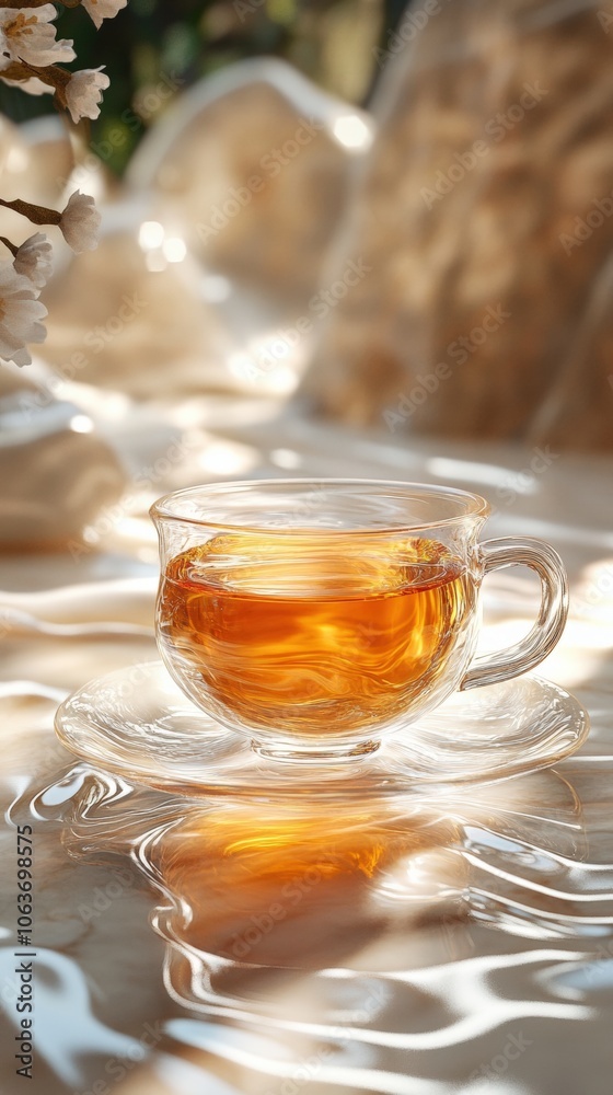 A beautifully crafted glass cup filled with tea sits on a reflective surface, surrounded by soft, natural light, This serene image is ideal for wellness blogs, tea product promotions A beautifully crafted glass cup filled with tea sits on a reflective surface, surrounded by soft, natural light, This serene image is ideal for wellness blogs, tea product promotions