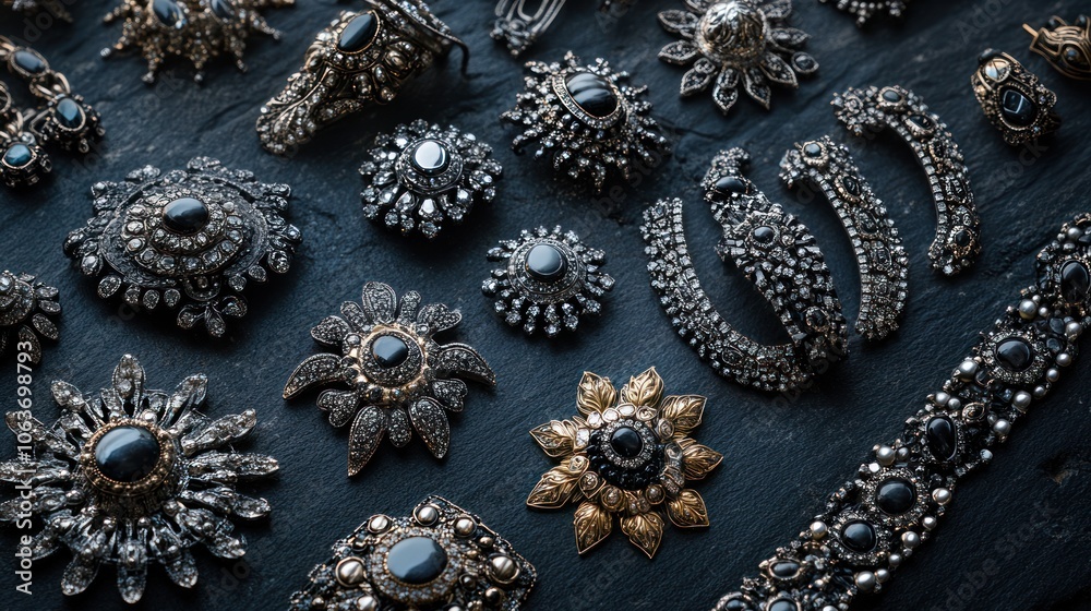 A collection of antique jewelry with black gemstones and silver settings, displayed on a dark background. A collection of antique jewelry with black gemstones and silver settings, displayed on a dark background.