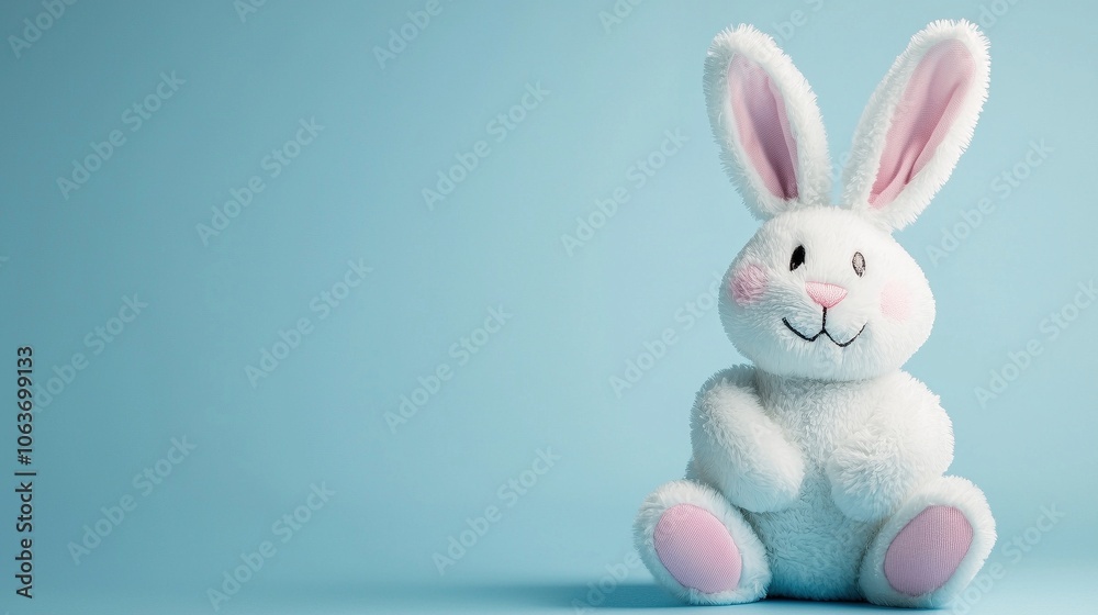 Fototapeta premium Weißes Kuscheltier - Osterhase sitzt vor Pastellblauem Hintergrund, freier Platz für Text 