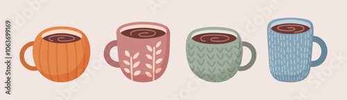 Set of cups with hot chocolate or tea. 