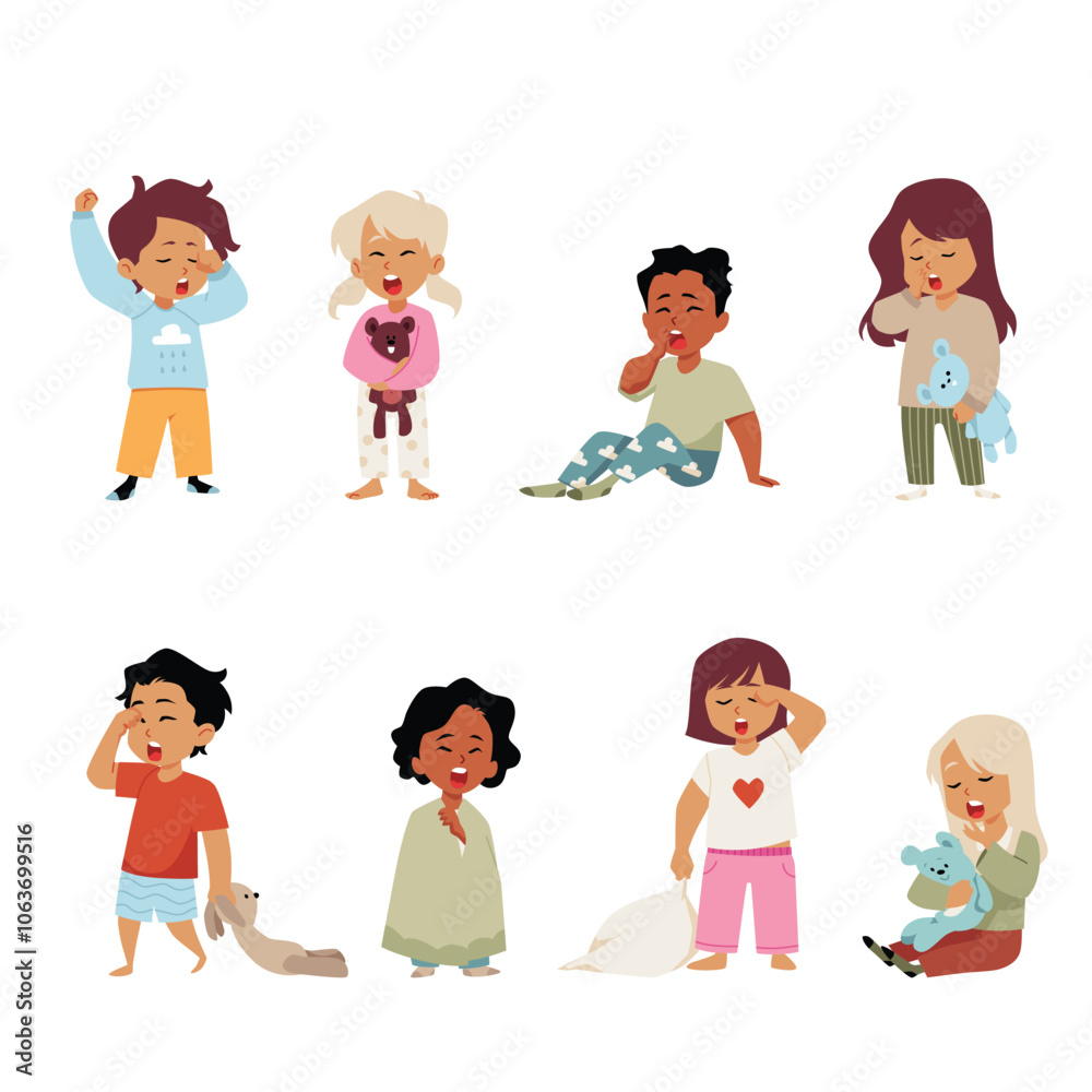 Vector illustration depicting yawning girls and boys in pajamas on a white background Vector illustration depicting yawning girls and boys in pajamas on a white background