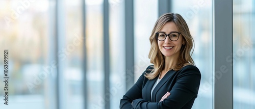 Middle-aged business woman manager stands in modern office,confidence and success on business.