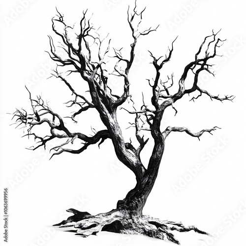 Gnarled Tree Silhouette on White Background