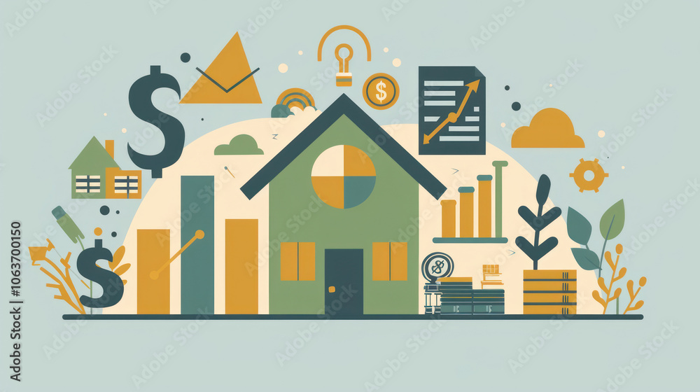 A visual representation of personal wealth building, with symbols of financial independence like homeownership, stocks, and retirement funds. A visual representation of personal wealth building, with symbols of financial independence like homeownership, stocks, and retirement funds.