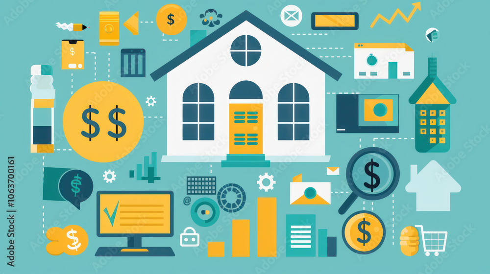 A visual representation of personal wealth building, with symbols of financial independence like homeownership, stocks, and retirement funds. A visual representation of personal wealth building, with symbols of financial independence like homeownership, stocks, and retirement funds.