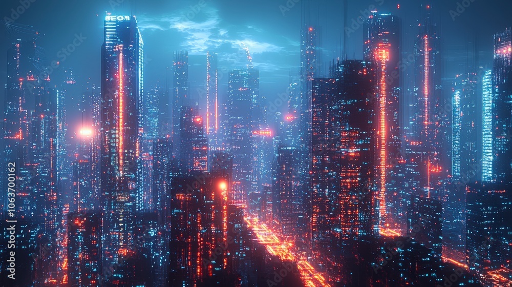A futuristic metropolis bathed in cyan and orange neon light, with towering buildings representing a harmonious blend of urbanization and digital brilliance. A futuristic metropolis bathed in cyan and orange neon light, with towering buildings representing a harmonious blend of urbanization and digital brilliance.