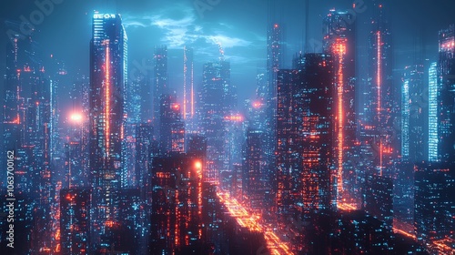 A futuristic metropolis bathed in cyan and orange neon light, with towering buildings representing a harmonious blend of urbanization and digital brilliance.