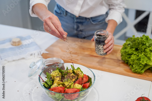 Cooking concept. Woman hands making healthy dinner, cutting vegetables on chopping board, kitchen interior, closeup