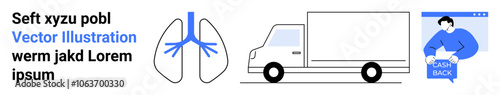Human lungs with medical details, a delivery truck with wheels, and a web search element featuring a person with a speech bubble. Ideal for health, transport, logistics, web design, communication