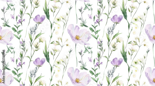 Watercolor seamless pattern featuring wildflowers and greenery on a white background ideal for packaging paper textiles and wallpaper