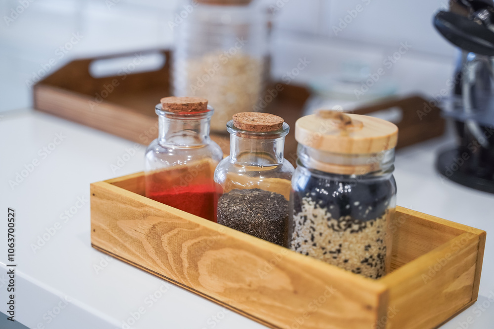 Collection of grain products in kitchen storage. Home kitchen lifestyle