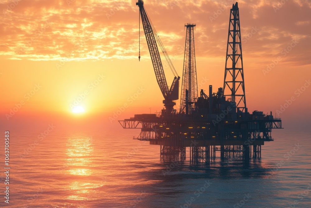 Obraz premium Crane on Offshore Platform at Sunset