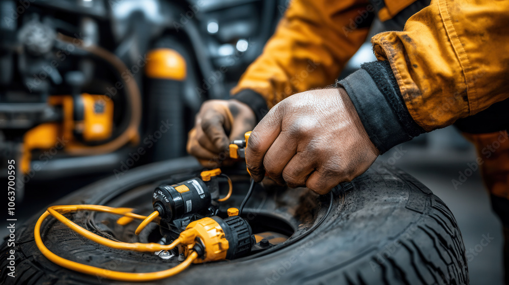Close up of mechanic hands adjusting tire with tools and equipment, showcasing precision and skill in automotive maintenance Close up of mechanic hands adjusting tire with tools and equipment, showcasing precision and skill in automotive maintenance
