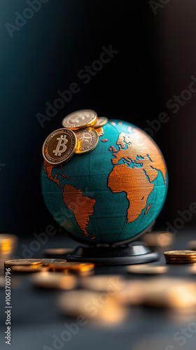 Close up of world globe with Bitcoin coins, symbolizing global finance and cryptocurrency investment. vibrant colors highlight connection between geography and digital currency photo