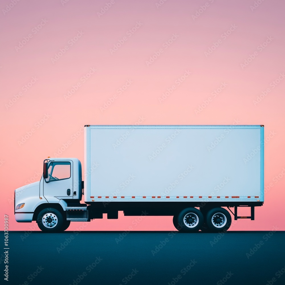 A side view of a white delivery truck against a pastel sky backdrop. A side view of a white delivery truck against a pastel sky backdrop.