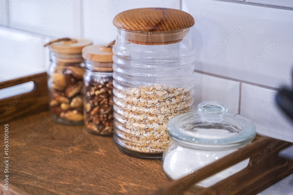 Collection of grain products in kitchen storage. Home kitchen lifestyle