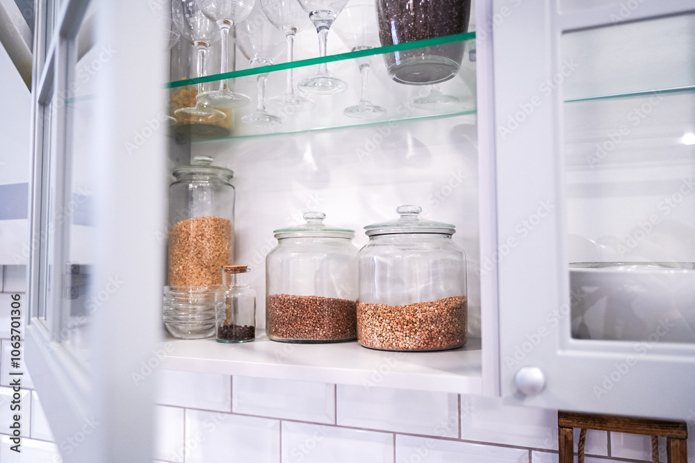Collection of grain products in kitchen storage. Home kitchen lifestyle