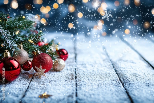 Weihnachtlicher Hintergrund mit Schnee und verschiedenen weihnachtlichen Dekorationen - Freier Platz für Text   