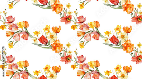 Wallpaper Mural Delicate watercolor illustration of a round wreath featuring orange yellow and pink tulips and narcissus ideal for spring and Easter designs Torontodigital.ca