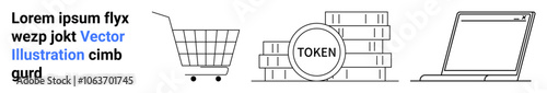 Shopping cart, stack of tokens, and laptop in minimalist black and white. Ideal for e-commerce, digital currency, online shopping, financial technology, tech startups, virtual assets, web design