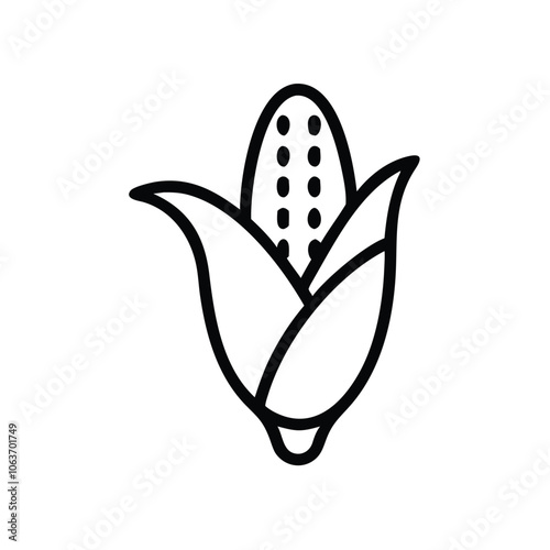 Simple corn icon with husk outline, Black and white outline illustration of a corn cob with husk, symbolizing agriculture, harvest, and food in a minimalist style.