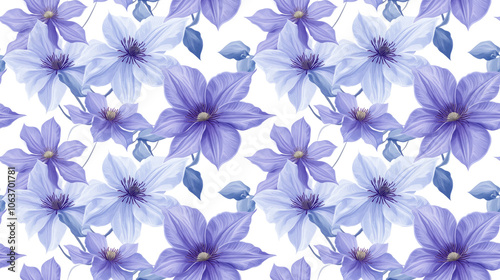 Seamless pattern featuring a bouquet of delicate purple clematis flowers on a crisp white background perfect for fabric design and home decor