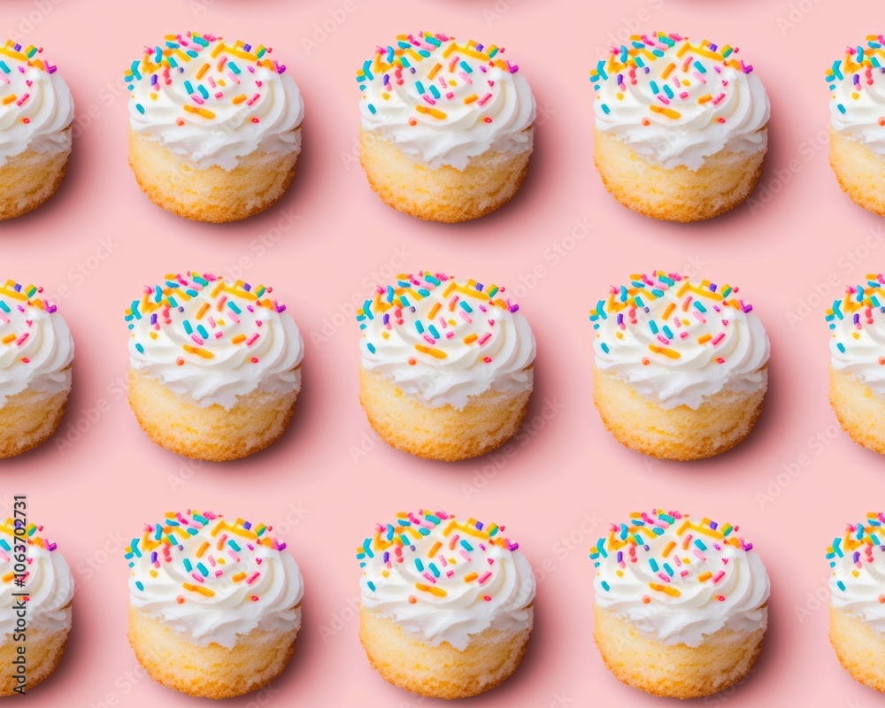 Classic vanilla sponge cake with rainbow sprinkles on top, set in a seamless pattern against a coral background. Classic vanilla sponge cake with rainbow sprinkles on top, set in a seamless pattern against a coral background.