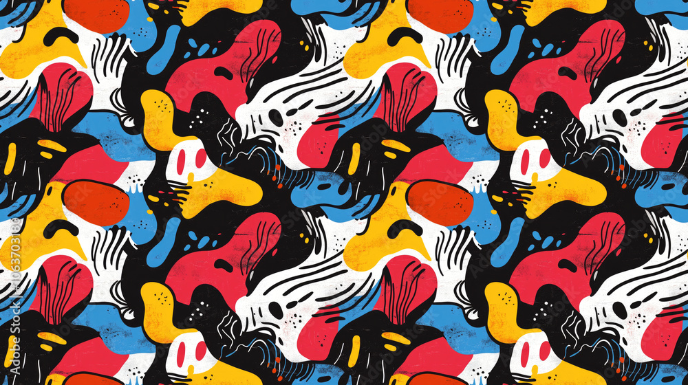 Seamless pattern featuring a chaotic background with vibrant abstract design elements for contemporary art exploration Seamless pattern featuring a chaotic background with vibrant abstract design elements for contemporary art exploration
