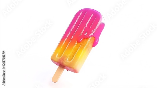 Melted Pink and Yellow Ice Cream Popsicle on White Background