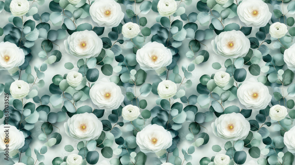 Seamless pattern of white flowers and green eucalyptus leaves in watercolor perfect for wedding invitations and floral designs wedding florals pattern design Seamless pattern of white flowers and green eucalyptus leaves in watercolor perfect for wedding invitations and floral designs wedding florals pattern design