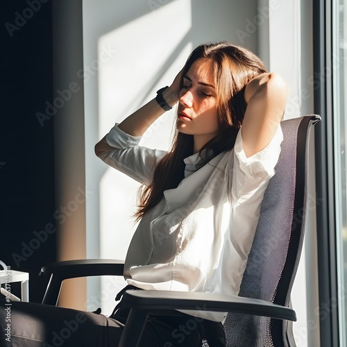 Woman Sitting with Back Discomfort in Office Chair, Daylight Setting photo