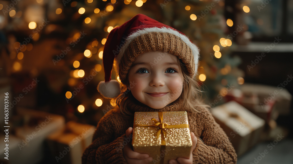 A happy child wearing Santa hat, holding a shiny wrapped gift with a delighted expression. Behind them, a beautifully lit Christmas tree and festive decorations. A happy child wearing Santa hat, holding a shiny wrapped gift with a delighted expression. Behind them, a beautifully lit Christmas tree and festive decorations.
