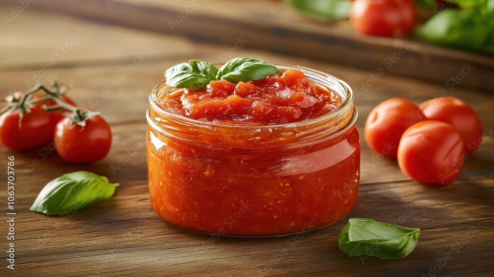 A jar of vibrant tomato sauce sits on a rustic wooden surface, surrounded by fresh cherry tomatoes and basil leaves, evoking a fresh culinary vibe. A jar of vibrant tomato sauce sits on a rustic wooden surface, surrounded by fresh cherry tomatoes and basil leaves, evoking a fresh culinary vibe.
