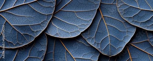 Intricate pattern of midnight-blue leaves, with each leaf highlighted by golden outlines and delicate veins. photo