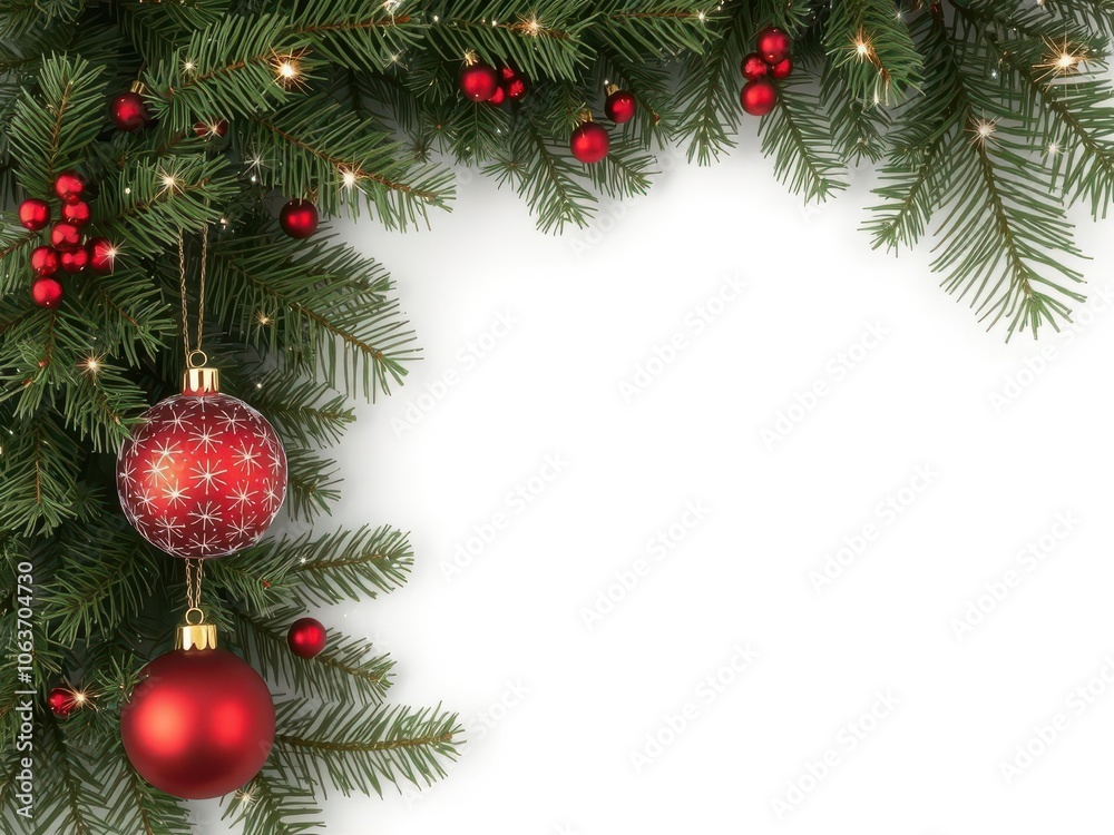 Christmas composition featuring lush fir tree branches adorned with sparkling holiday ornaments, holiday ornaments, branches Christmas composition featuring lush fir tree branches adorned with sparkling holiday ornaments, holiday ornaments, branches