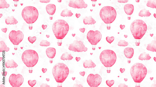 Whimsical watercolor seamless pattern featuring pink air balloons hearts and fluffy clouds perfect for Valentine s Day cards and romantic postcards