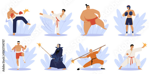 A collection of vector illustrations of martial arts, including sumo, kickboxing, karate and others