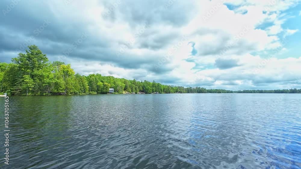 POV view from the boat bow of small lake with fir trees. Boating at cottage country waters in northern Ontario lake. Green forest lake with pine trees. Panoramic landscape of small lake vegetation. POV view from the boat bow of small lake with fir trees. Boating at cottage country waters in northern Ontario lake. Green forest lake with pine trees. Panoramic landscape of small lake vegetation.