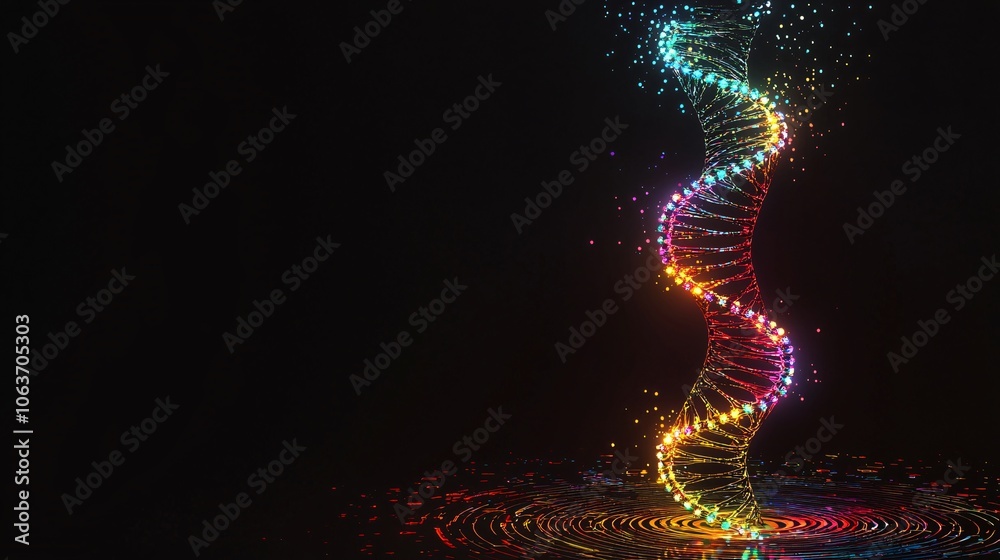 Obraz premium A vibrant, illuminated DNA helix glows against a dark background, showcasing colorful lights and sparkling effects, symbolizing life and innovation.