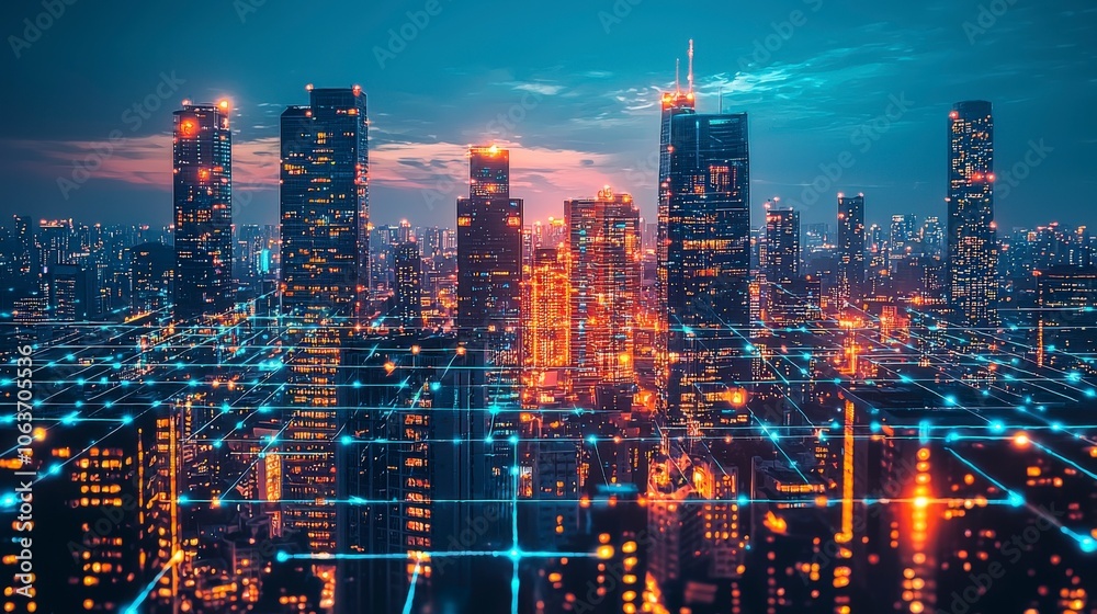 A modern city skyline with glowing grid infrastructure, showcasing a futuristic urban landscape highlighting technology and connectivity in an architectural marvel.
