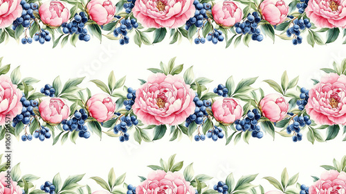Watercolor illustration of a seamless pattern featuring pink peony buds intertwined with green leaves and sprigs of blue berries floral design