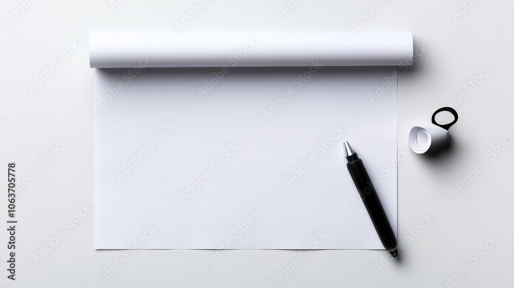 Blank Paper, Pen, and Cap: A minimalist top-down view of a rolled-up sheet of blank paper, a black pen, and its cap, arranged on a pristine surface, ready for ideas and inspiration. Blank Paper, Pen, and Cap: A minimalist top-down view of a rolled-up sheet of blank paper, a black pen, and its cap, arranged on a pristine surface, ready for ideas and inspiration.