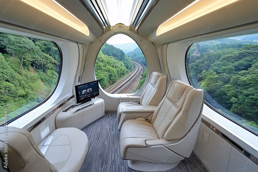 Interior view of a modern train with comfortable seats and panoramic windows showcasing lush greenery outside. Interior view of a modern train with comfortable seats and panoramic windows showcasing lush greenery outside.