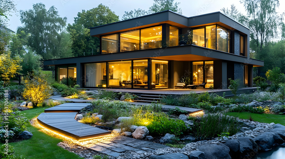 Modern House with Wooden Pathway and Stone Garden Design - Illustration Modern House with Wooden Pathway and Stone Garden Design - Illustration
