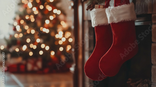 Christmas stockings hang by the warm fireplace in a festive setting, evoking a sense of warmth, tradition, and joy during this beloved holiday season.