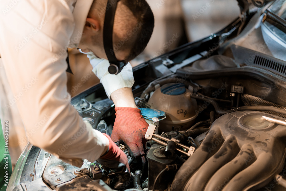 Skilled Mechanic Performing Engine Repairs in Workshop Skilled Mechanic Performing Engine Repairs in Workshop
