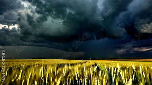 Panoramic view of a wheat field under a stormy sky with lightning